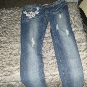 Hot Kiss Distressed Blue jeans women size 9 Bedazzled Floral Print 32 Inch Waist